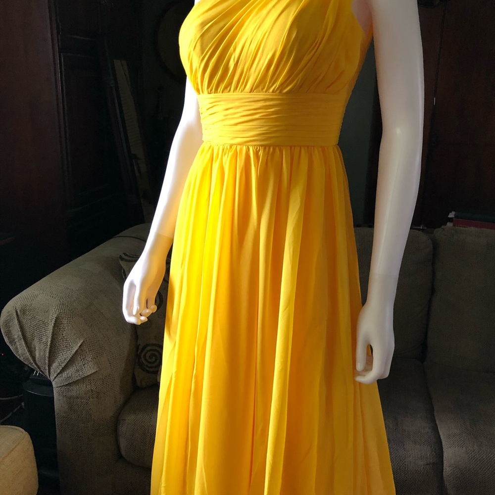 AW. BRIDAL Sz 0. Golden Yellow One Shoulder Floor Length Gown. - Picture 2 of 15